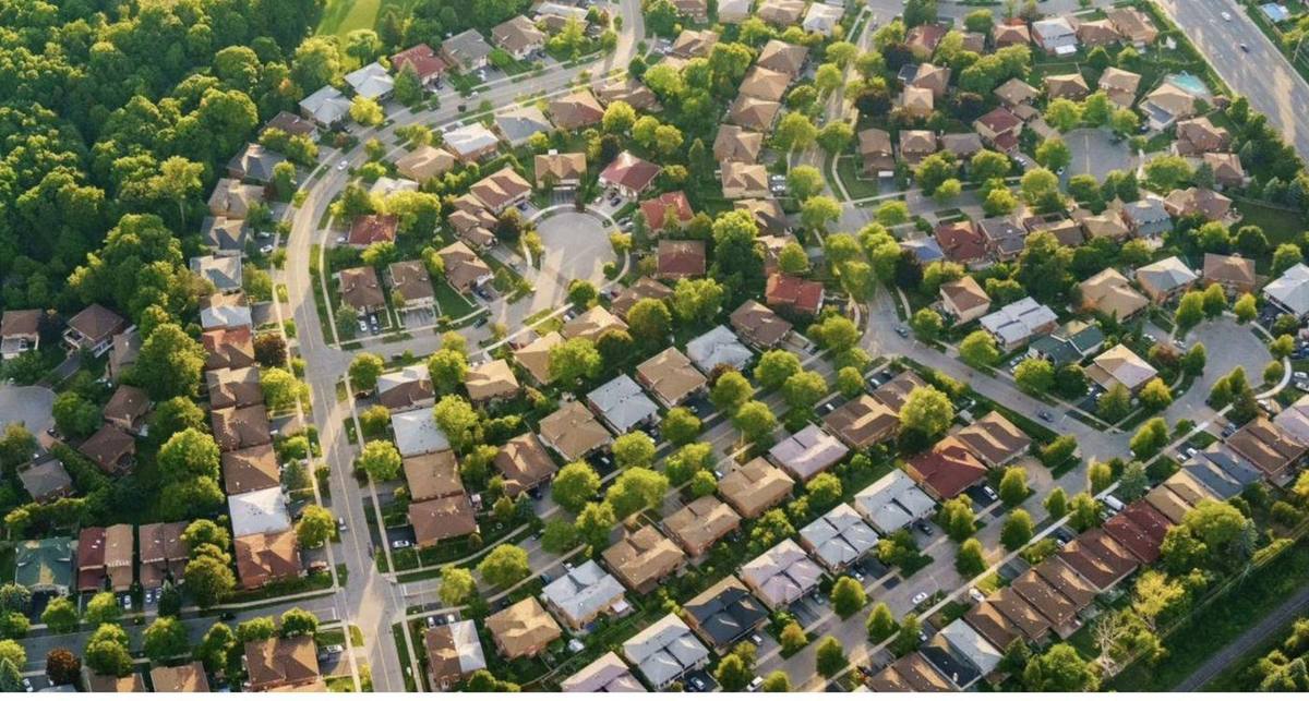 Aerial view of a residential neighborhood, representative of the metro Detroit / Ann Arbor area